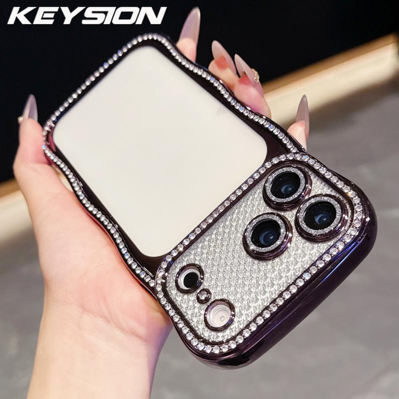 KEYSION Plating Transparent Wavy Rhinestone Phone Case for iPhone 13 14 15 16 17 Pro Max Air 16 Plus Lens Protector Shockproof Cover