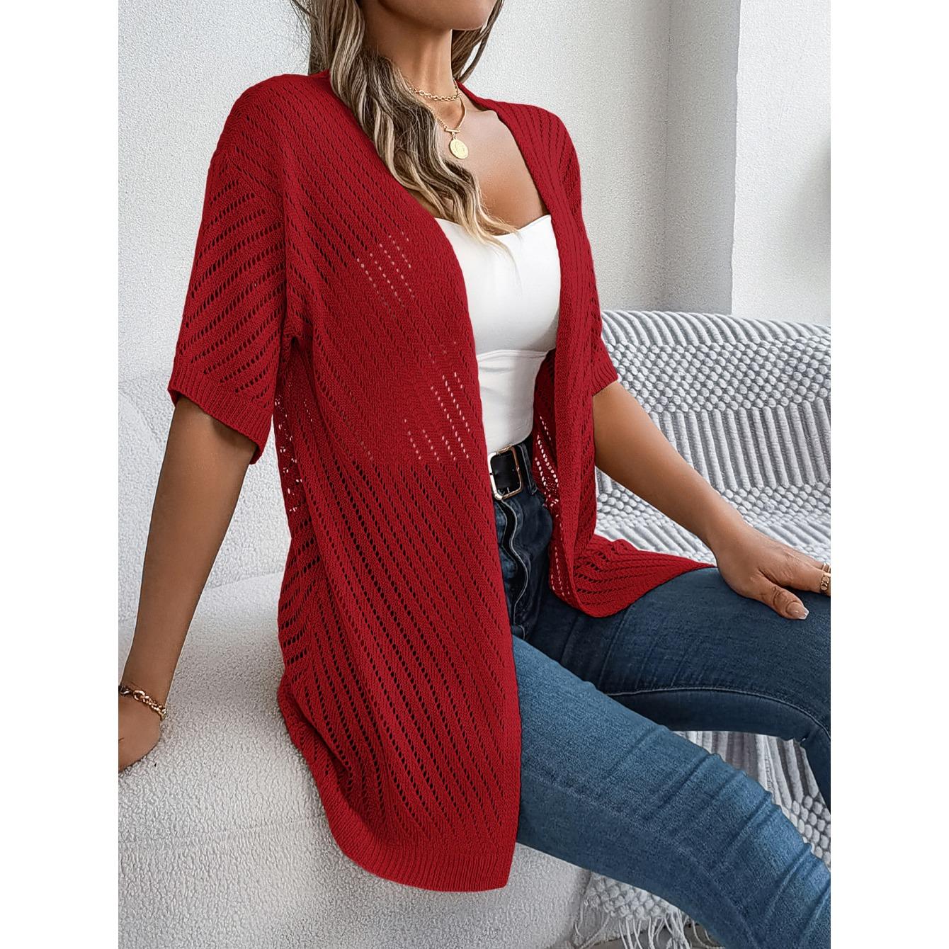 

GMXIA Summer Hollowed-out Short-sleeved Knitted Cardigan for Vacation Sun Protection Women s Wear XL бордовый