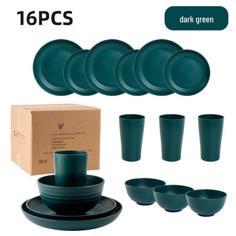 Cross-border Plastic Tableware Set: Plates, Bowls, Cups, Vomit Bowls, 24-Piece for Home Use.