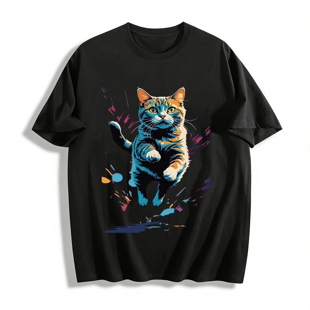 

Vibrant Splash Art Jumping Cat Print Casual Crewneck Top Pure cotton T-shirt XXS
