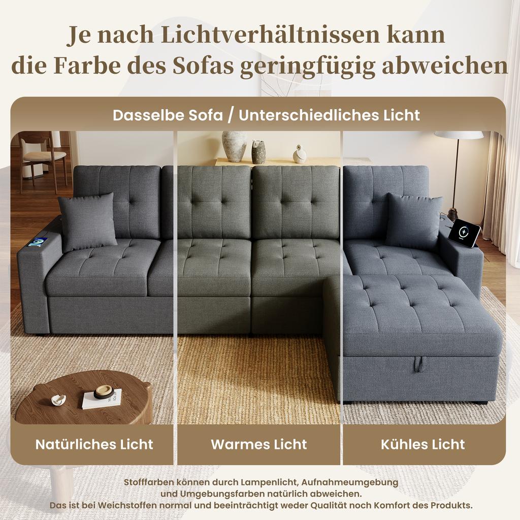 Modular L-Shaped Sofa with Freely Positionable Storage Ottoman, Double Armrest Storage, Charging Ports On Both Armrests and LED Mood Light