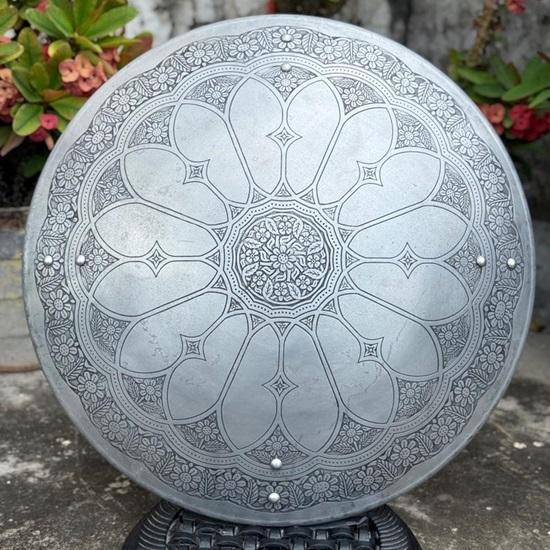 Mandala Floral Shield Wall Art Aluminum Round Shield with Deep Etched Rose Window Design Gothic Fantasy Decor  Unique Medieval Cosplay