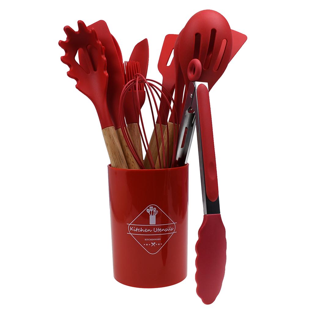 12 piece wooden handle silicone kitchenware set for simple kitchen style cooking with storage bucket and boxed kitchenware set