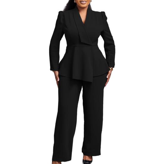 Damskie Zestawy 2-częściowe Plus Size Blazer z Długim Rękawem z Falbaną i Nierównym Dołem + Spodnie Garnitur Biznesowy Zestaw do Pracy Biurowej