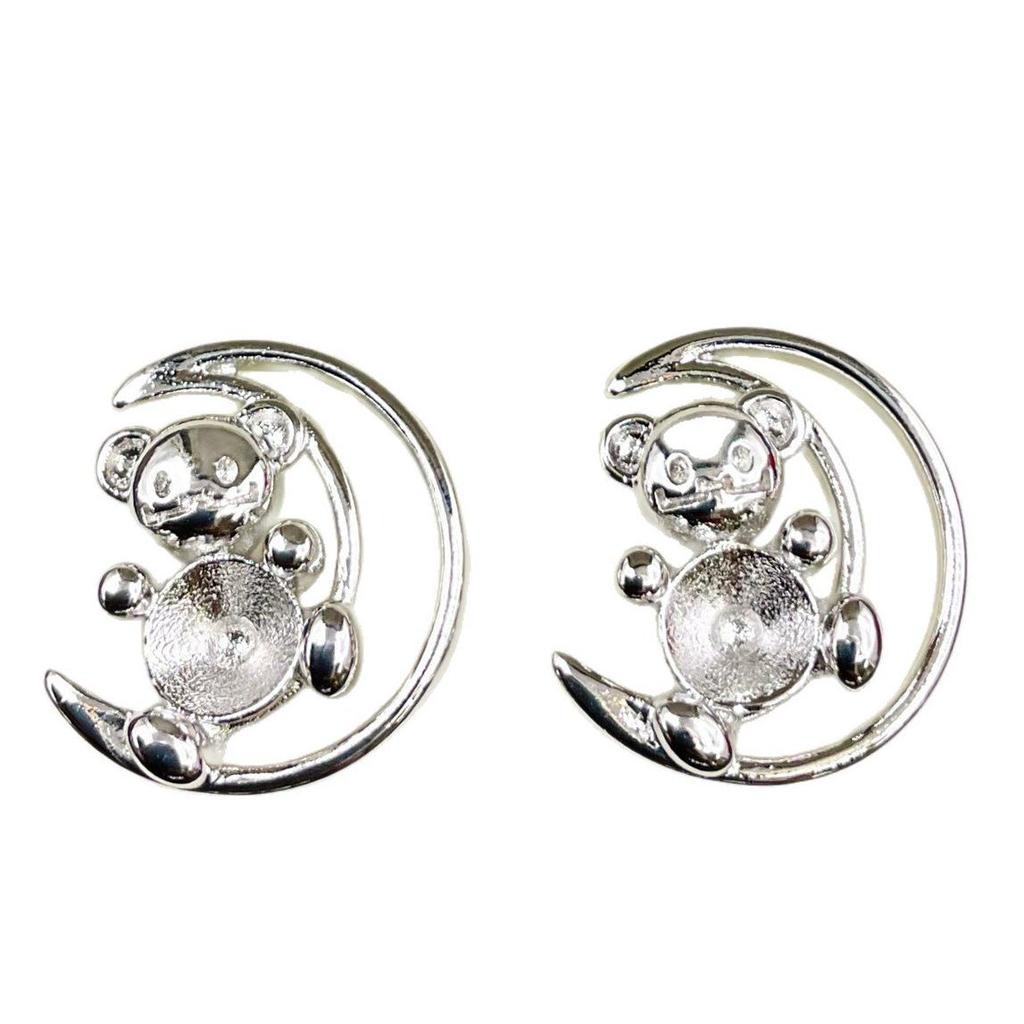 Crescent Moon Bear Earrings: Sterling Silver with 6.2mm CZ Stone