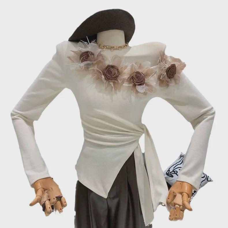 Women's Slim Fit Off-Shoulder Floral Patchwork Long-Sleeve Top