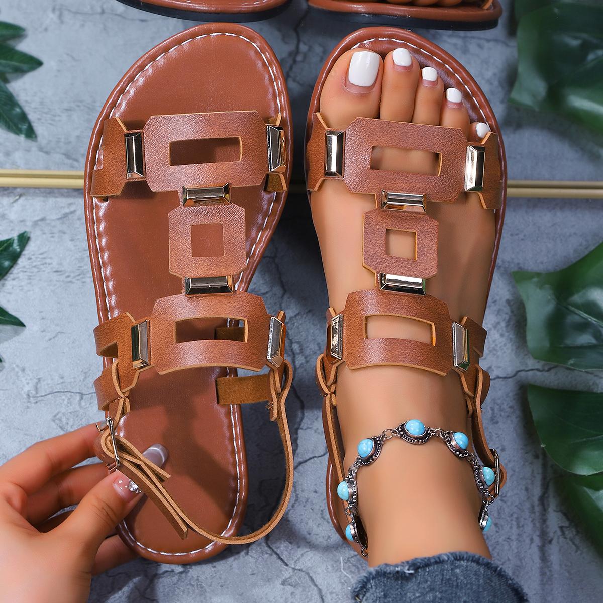 

Fashion 2025Summer New Round Headed Leather Ladies Sandals Flat Casual Beach Shoes Comfortable Footwear with Metal Decoration for Women 43 шоколадный