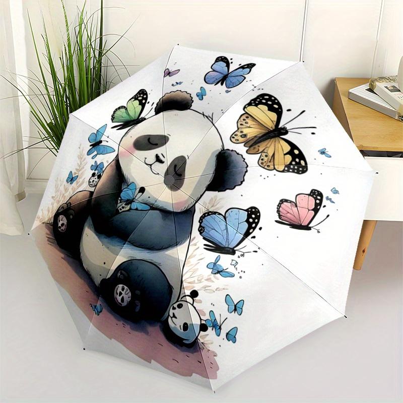 

1pc Sweet Panda & Butterfly Pattern Beautiful Looking Automatic Folding Fashion Umbrella, 3 Folding, 8 Pole Frame Design, Durable and Suitable for Tra