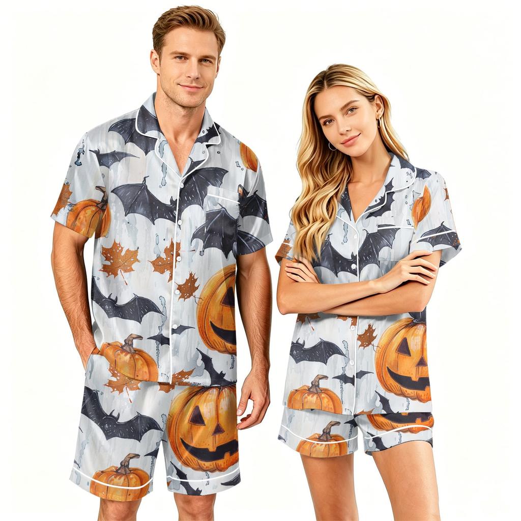 Couple Matching Halloween Pajama Set Short Sleeve Button Down Shirt and Shorts Sleepwear Soft Casual Lounge Wear S-XXXXL