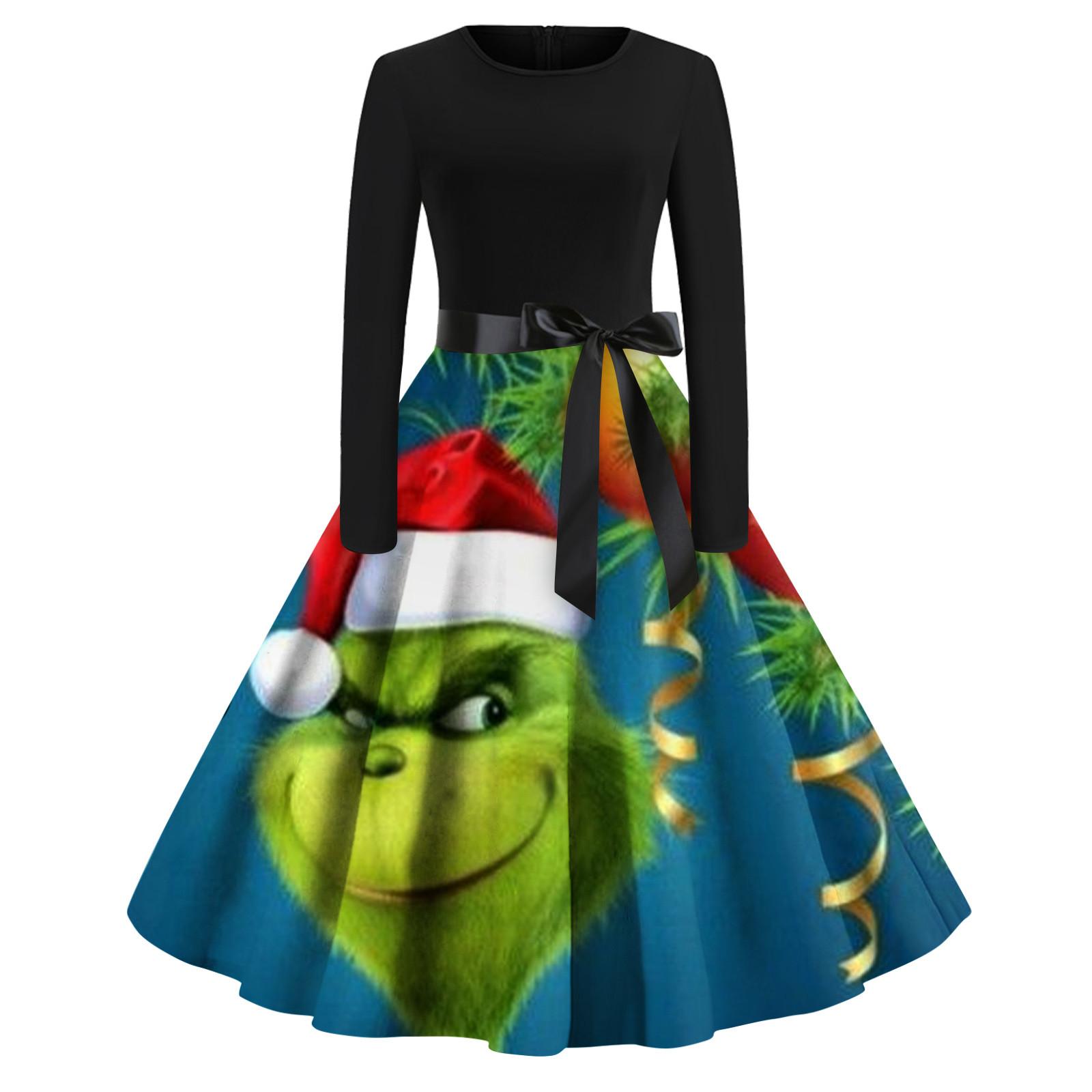 

Women s Christmas Print Flare Dress For Women Long Sleeve Dress Party Casual Dresses L синій