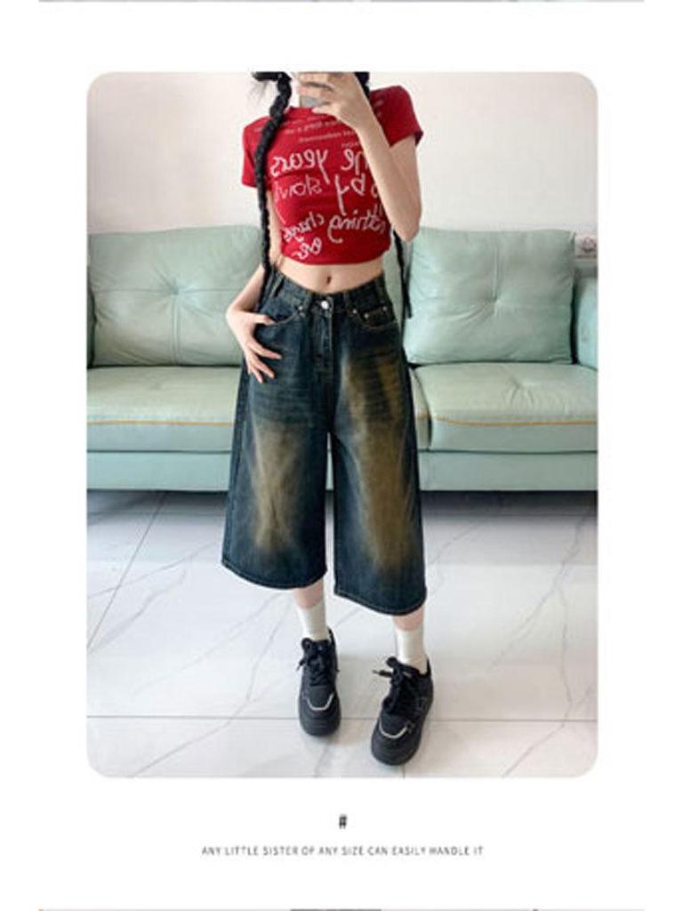 Plus Size Retro High Waist Blue Denim Wide Leg Crop Pants for Women