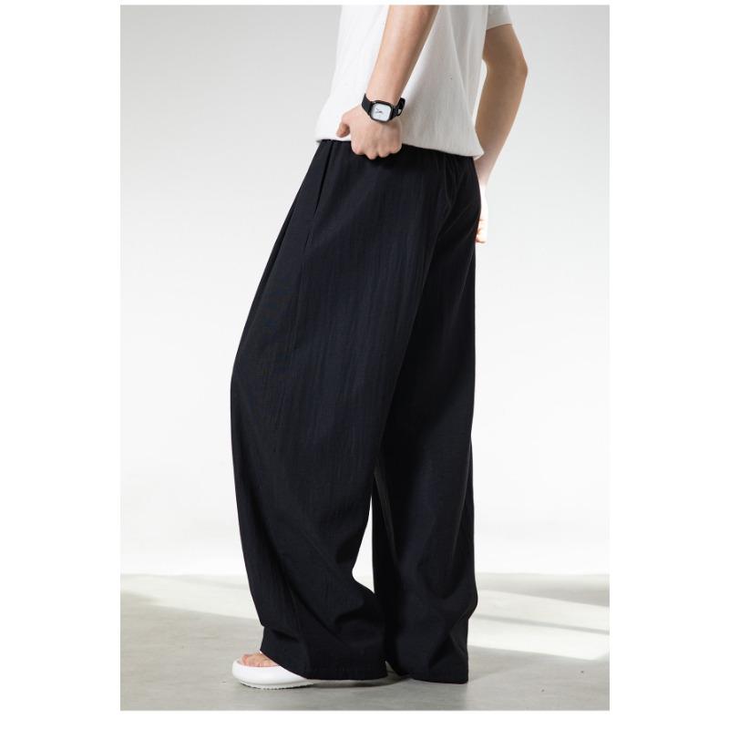 Mens Loose Straight Long Contrast Color Button Front Casual Pants