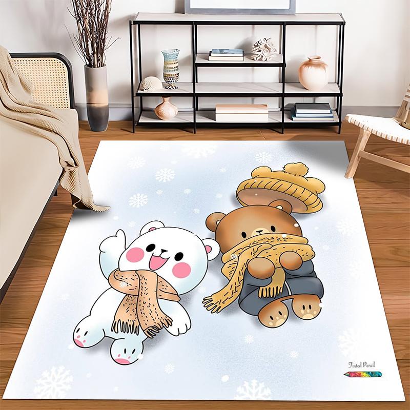 Cartoon Winter-Themed Carpet with Cute Bears In Scarves and Snowflake Background. Suitable for Use As an Anti-slip1 For1room and Bedroom Sofas