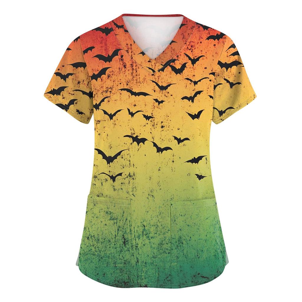 Women's Fashion V-neck Short-sleeved Work Uniform With Pockets, Halloween Print Top