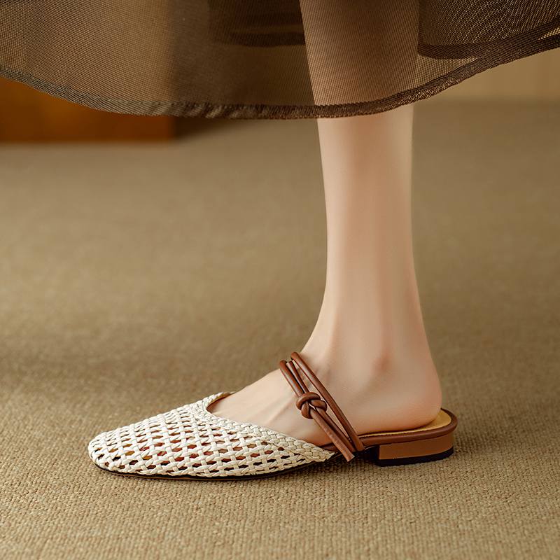 Krazing Pot Microfiber Mules Weaving Summer Size 41 Low Heels Slingback Party Shoes Women Square Toe Gladiator Hollow Out Pumps