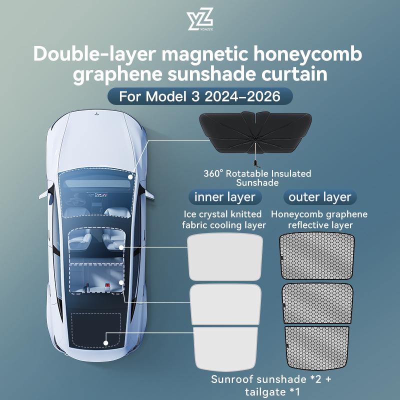 YZ For Tesla 2025-2026 Model 3 Y Juniper Highland Graphene Black Sky Screen Sunshade Honeycomb Skylight Magnetic Sunshade Panel