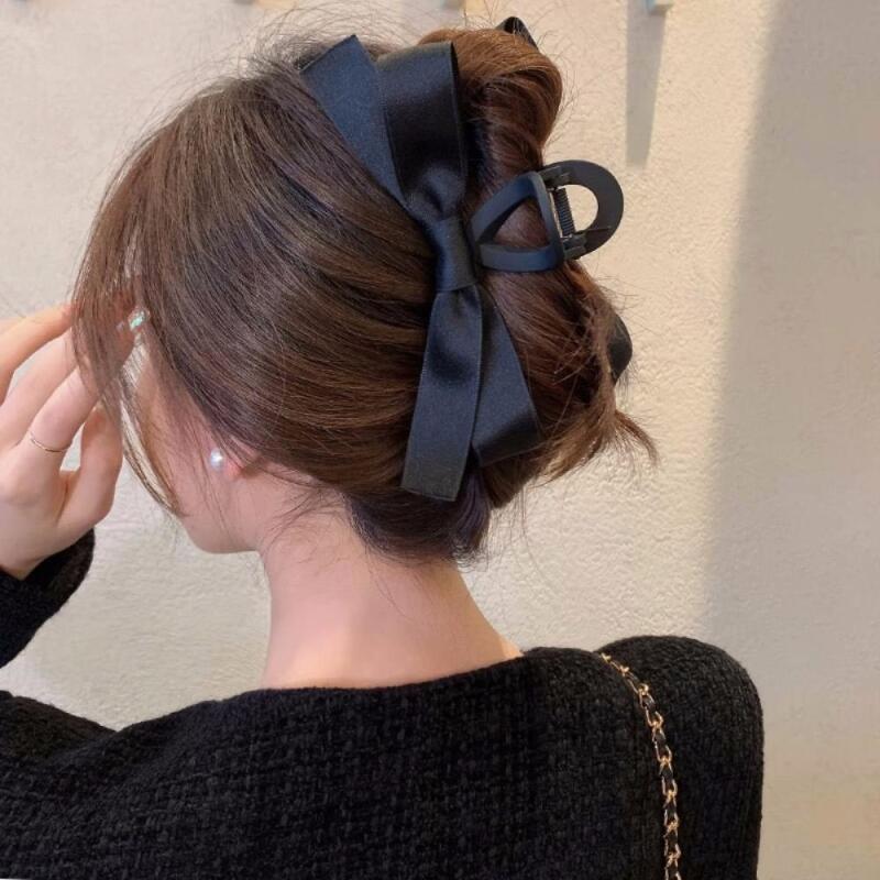 Ribbon hair clip ballet core feminine long hair pin Glossy black