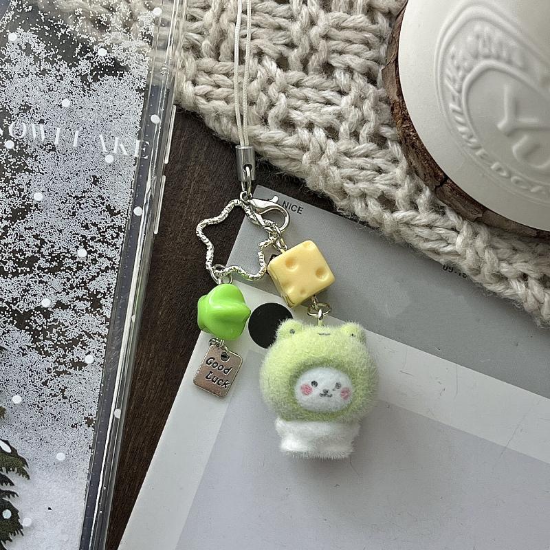 Cute Cartoon Flocking Little Bear Keychain Kawaii Pesin Mobile Phone Rope Pendant Backpack Decoration Pendant Accessories Gift