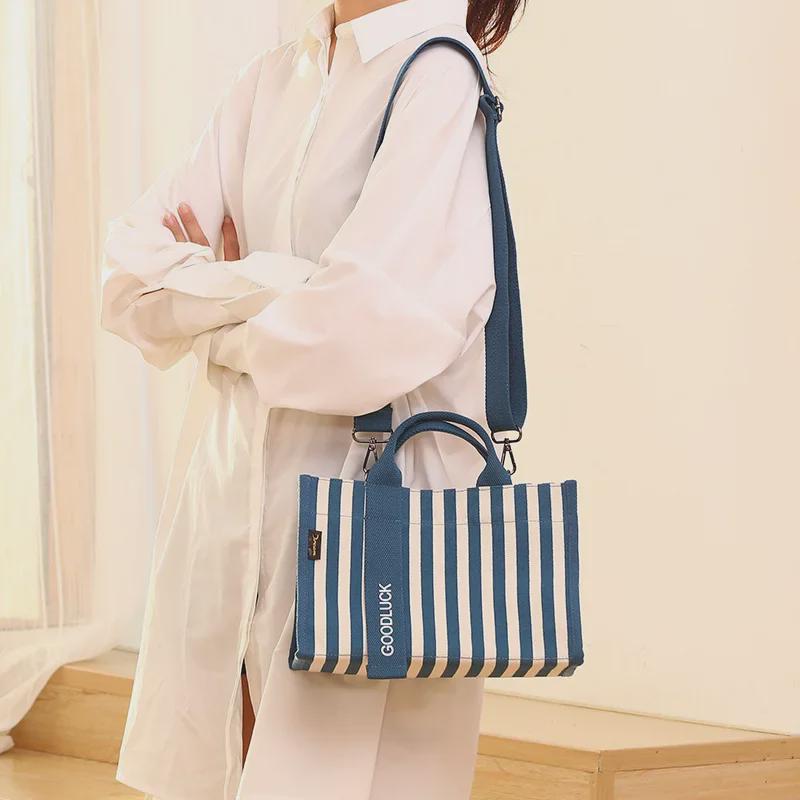 Drezm Korean Crossbody Tote - Small Square Canvas Striped Bag for Women