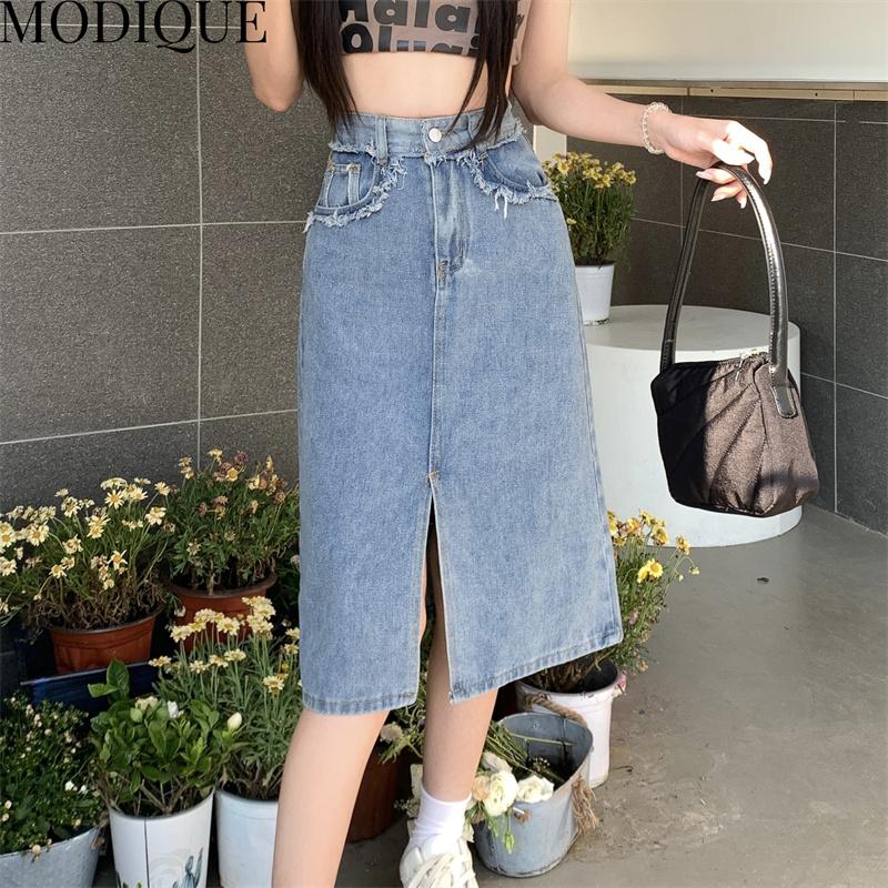 MODIQUE Summer Shorts Skirt Women Elastic Loose Casual Vintage Female A-Line Solid Sweet High Waisted Denim Skirt Blue