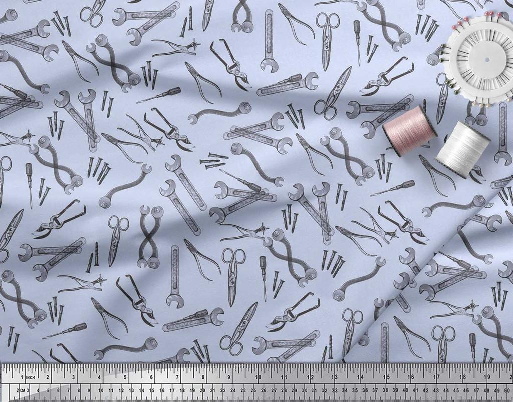 Soimoi Blue Japan Crepe Satin Fabric Tools Hardware Printed Fabric 1 metre 42 Inch