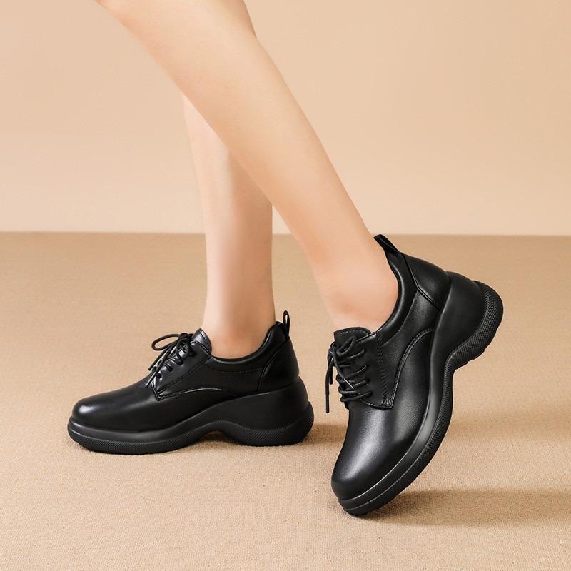 Black Thick High Heel Deep Mouth Single Shoes Women's Autumn New Heightening Leather Shoes Lightweight Wear-resistant Low-top Women's Shoes