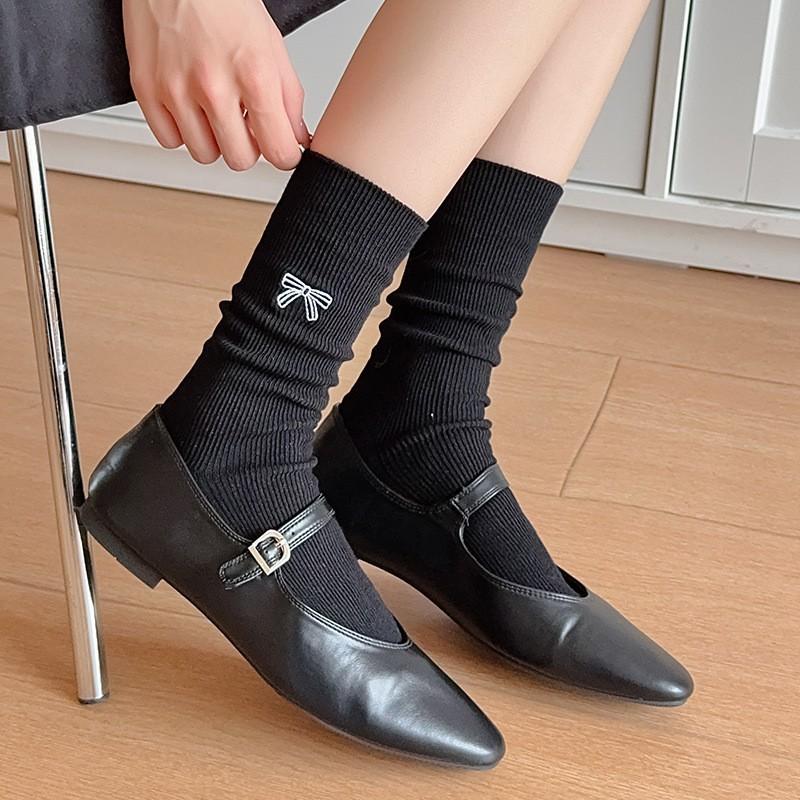 Embroidered Bow Socks Stacking Socks Season Pure Cotton Boneless Double Needle Cute Cotton Medium Tube Socks Women