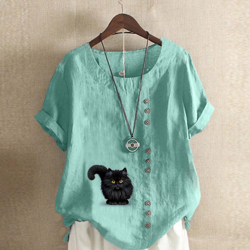 Women's Fashion Black Cat Prined Round Neck Short Sleeve T-shirt Casual Cotton Linen Graphic Shirt Leisure Loose Summer Blouse Tops