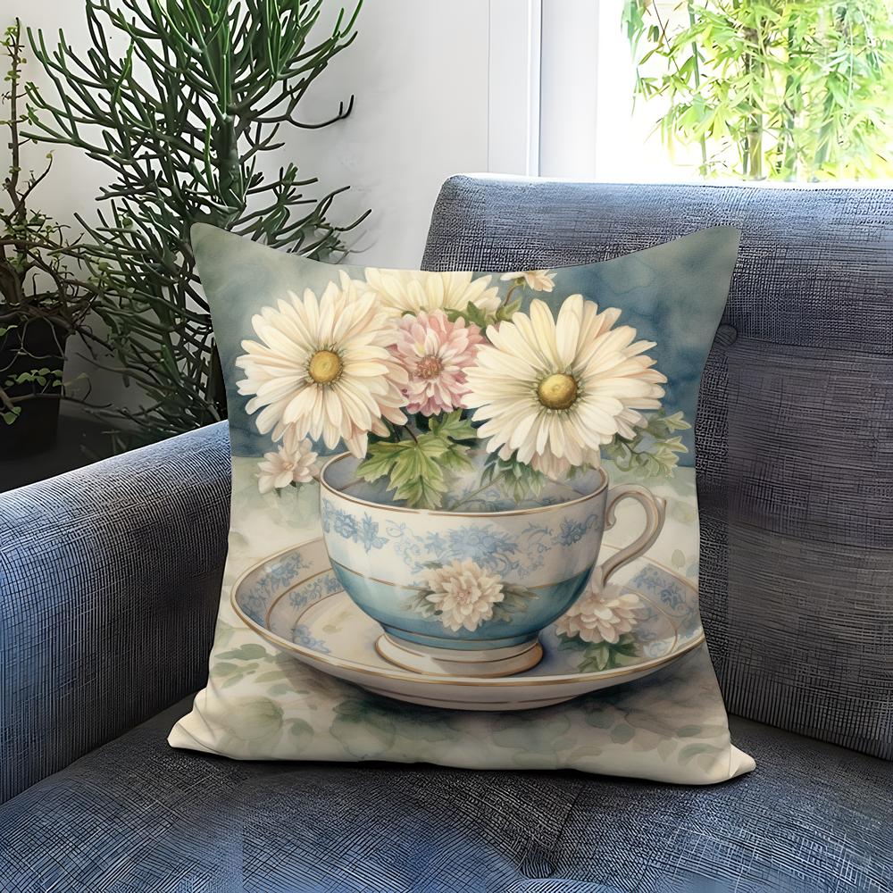 Popular C-CCup of Flowers Cushion Cover Comfortable Reversible Pillow Cover Ideal for Car Sofa Bedroom & Beyond