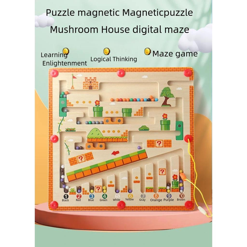 Wooden Magnetic Maze Puzzles Game for Children Color and Number Pen Moving Ball Learning Education Montessori Toys Gift for Kids