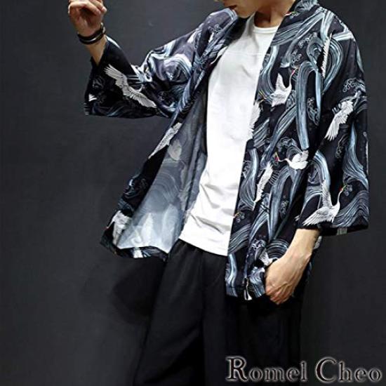 RomelCheo Crane Pattern Haori Loose Japanese Cool Jacket for Summer and Fashionable for Men and Harajuku Street RomelCheo Cardigan, Fit, 3/4 Sleeves,