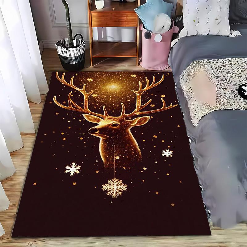 Christmas Reindeer Carpet with Snowflakes, Glitter Dark Brown Background Suitable for use as an anti-slip for living room bedroom sofas