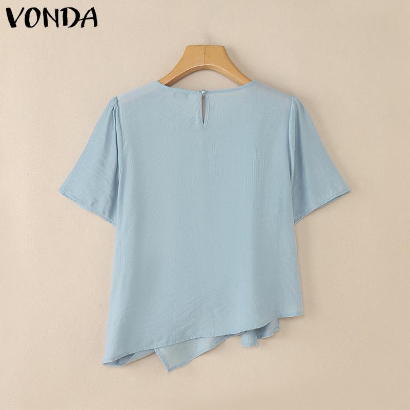 VONDA Women Casual Short Sleeve Solid Semi-Sheer Side Twisted Loose Blouse