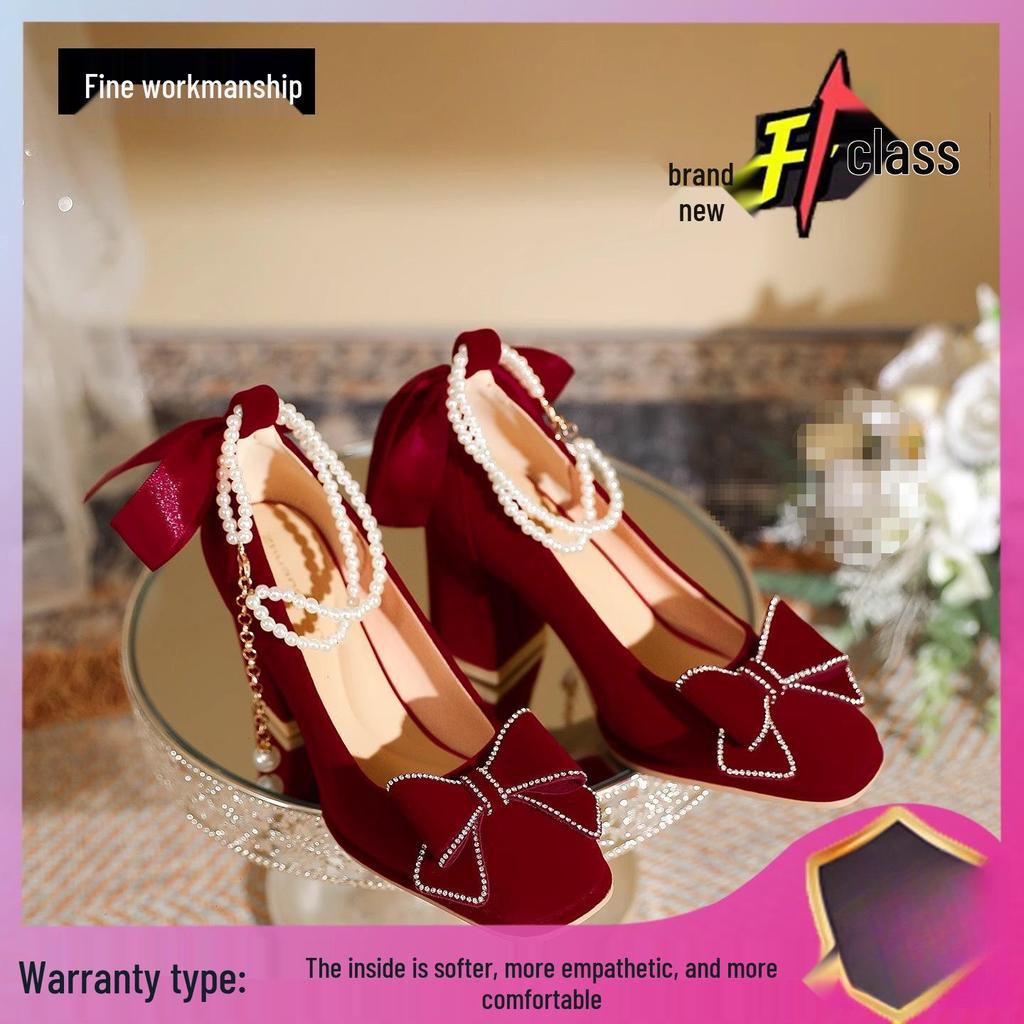 Show He Women's Bridal Mary Jane Red Chunky Heel Shoes for Petite Brides and Pregnant Women, Perfect for Chinese Wedding Toasts