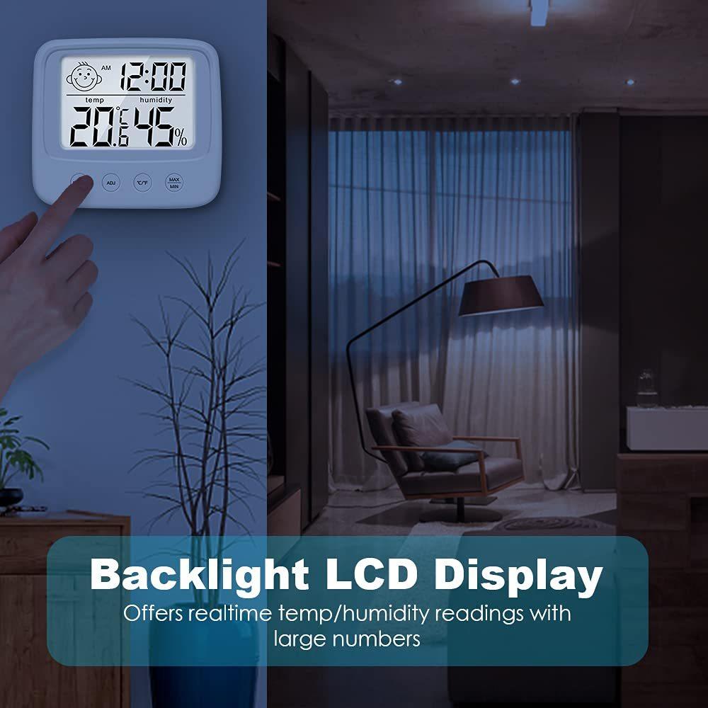 Indoor thermometer and hygrometer with clock, digital temperature and humidity monitor, backlit, Celsius/Fahrenheit display, battery powered.