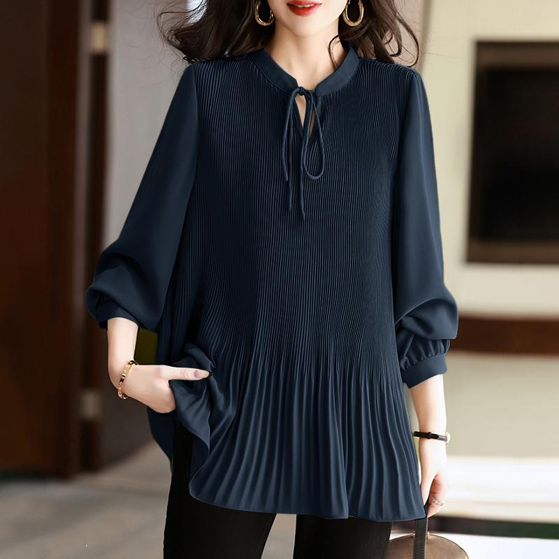 

ZANZEA Женская повседневная блузка с V-образным вырезом, свободного кроя, с длинными рукавами и плиссировкой 3XL темно-синий