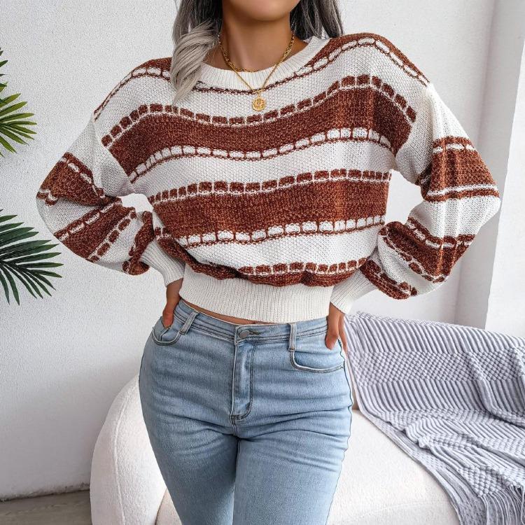 Long Sleeve Loose Knit Sweater for Women O Neck All Match Contrast Fall Winter S-L