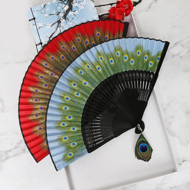 Vintage Feathered Pattern Handheld Fan Wood Folding Fan Vintage Folding Hand Fan for Women Weddings and Dance Parties