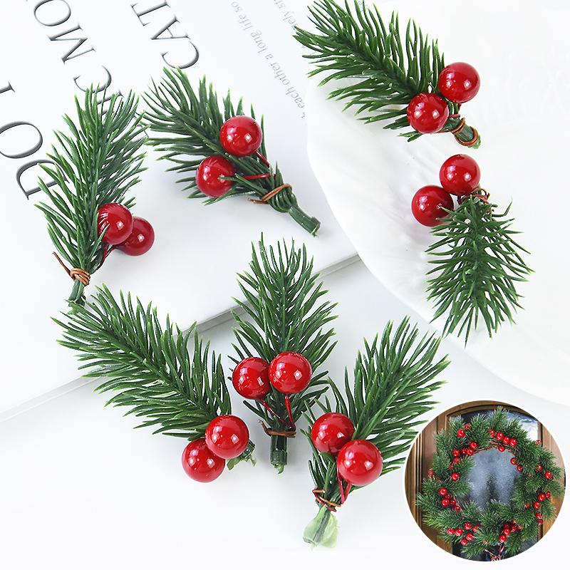 10/20pcs Christmas Red Berry Pine Cone Holly Branches Artificial Pine Needles Xmas Tree Ornament Home Decoration DIY Wreath Gift