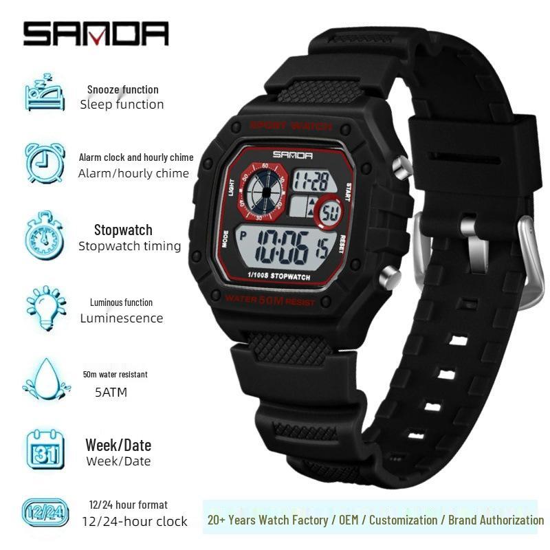 Sanda Multifunktionale Leuchtende Wasserdichte Unisex Quadratische Elektronische Uhr
