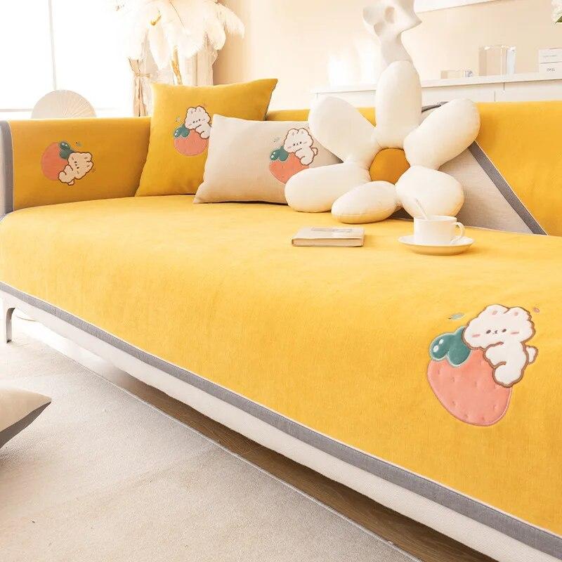 Cartoon Rabbit Sofa Cushion Non-Slip Thickening Sofa Cover Cushion Chenille Living Room Sofa Cover Universal Solid Color Mat