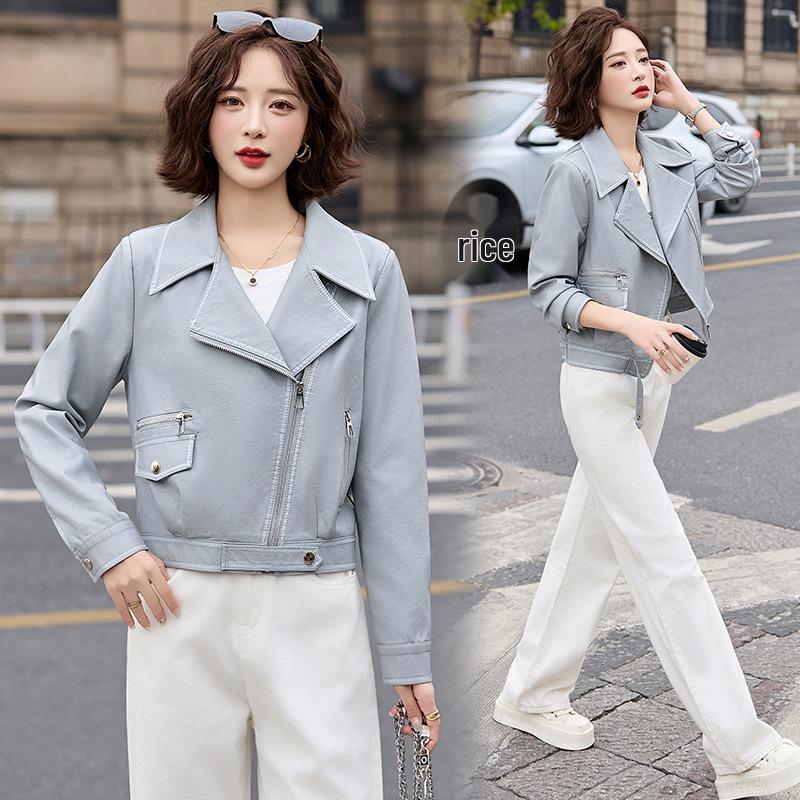 

Женская приталенная корейская мотоциклетная кожаная куртка Весна 2025 - Модная, Молодящая Повседневная Верхняя одежда (ZH1176) XL (120-130 jin) синий