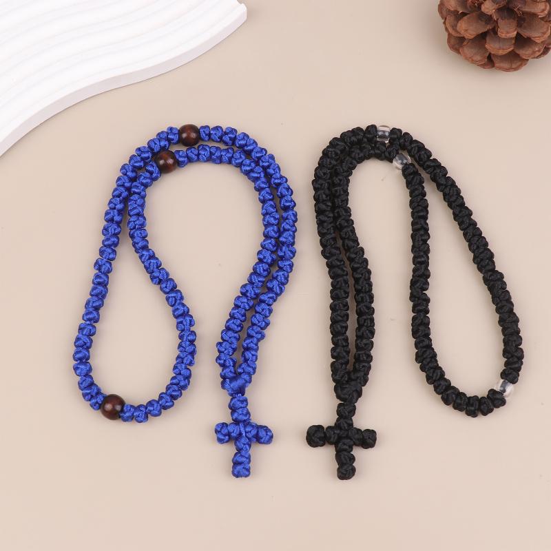 NEW Black/Blue Knot Necklace Handmade Orthodox Religous Rosary Prayer Rope Cross Jewelry Gift