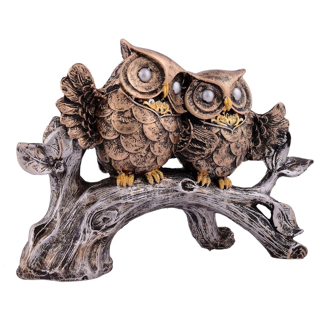 Owl Family Sitting On Tree Decorative Bird Showpieces Statue - Copper & Silver