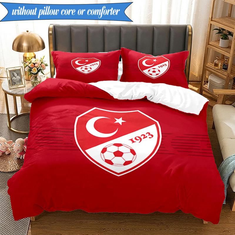 3PCS Turkish Football Emblem Bedding Set 2D Printing (Includes 1 Duvet Cover + 2 Pillowcases Coreless), Bedroom decor,Fan gift