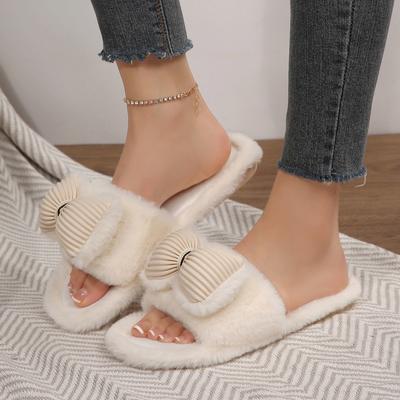 Internet Celebrity Flat Bottom Sweet Bow Flat Bottom Slippers Women's Autumn New Plush Lady Slippers