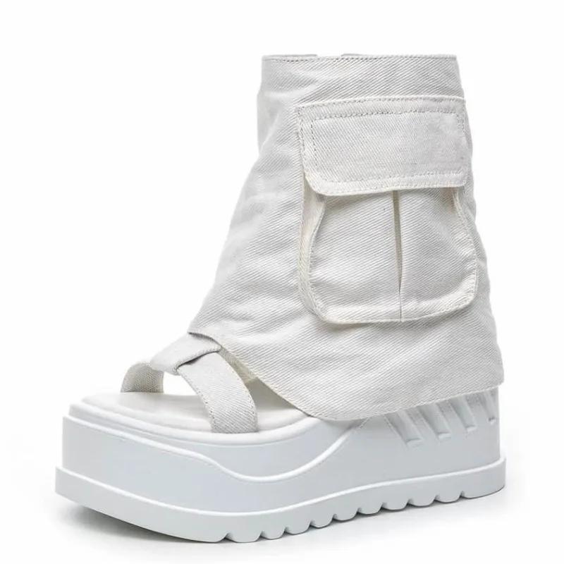 

Мода 10СМ Мода Холст Весна Лето Платформа Танкетка Балетки Сандалии Женщины Осень Британский Мотоциклетный Мода Молния Ботильоны Обувь 39