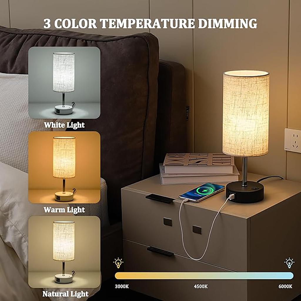 E27 bulb desk lamp with USB port circular linen lampshade suitable for bedroom bedside table decoration light without bulb