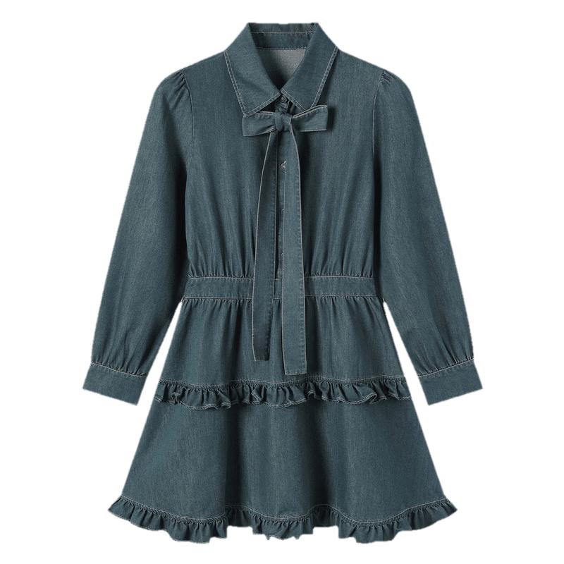 TonLion Women s Lapel Denim Dress with Bow M