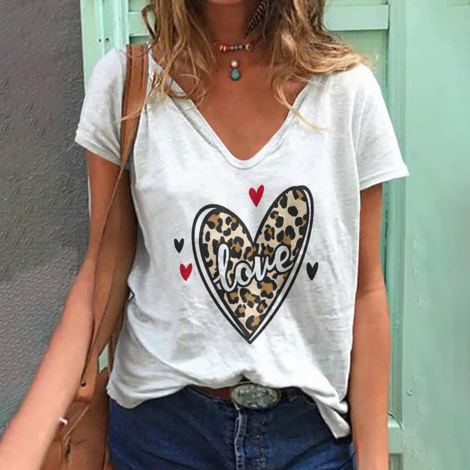 

Нова жіноча футболка Love Leopard з коротким рукавом 3d V-подібним вирізом Модний жіночий одяг Вуличний повсякденний одяг Літня футболка Harajuku L